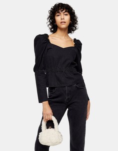 Черная выбеленная блузка с длинными рукавами и сборками Topshop-Черный цвет