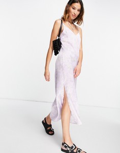 Сиреневое атласное платье-комбинация с цветочным принтом Topshop-Фиолетовый цвет