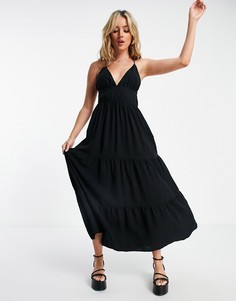 Черное ярусное платье макси со свободной юбкой Bershka-Черный цвет