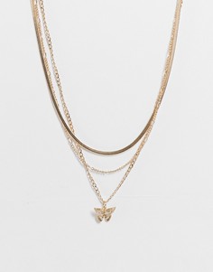 Золотистое ярусное ожерелье-цепочка с бабочкой Topshop-Золотистый