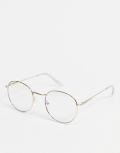 Круглые очки в золотистой оправе с линзами голубоватого цвета ASOS DESIGN-Прозрачный