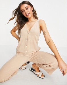 Легкий комбинезон светло-бежевого цвета на пуговицах без рукавов Topshop-Светло-бежевый цвет