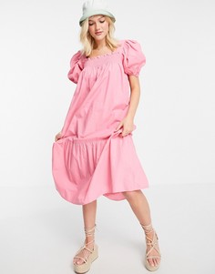Розовое платье миди из хлопкового поплина с рукавами-фонариками Influence-Розовый
