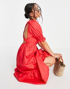 Красное платье миди из поплина с присборенной юбкой и присборенными плечами Topshop-Красный