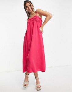 Свободное платье мидакси ярко-розового цвета на бретельках со сборками Lola May-Розовый цвет