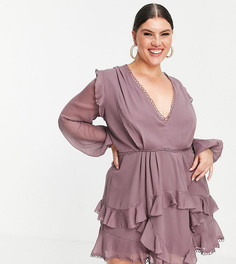 Платье мини с длинными рукавами и отделкой воланами ASOS DESIGN-Разноцветный