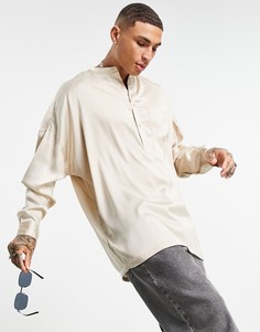 Атласная рубашка без застежки в стиле oversized с воротником на пуговицах цвета шампанского ASOS DESIGN-Светло-бежевый цвет