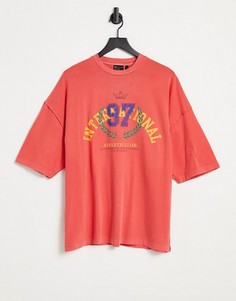 Красная выбеленная oversized-футболка с принтом в университетском стиле ASOS DESIGN-Красный