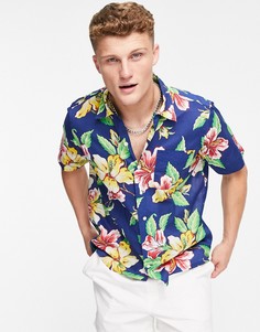 Разноцветная рубашка с короткими рукавами, кубинским отложным воротником и винтажным принтом цветов гибискуса Polo Ralph Lauren-Разноцветный