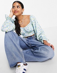 Топ в клетку с открытыми плечами и цветочным принтом ASOS DESIGN-Голубой