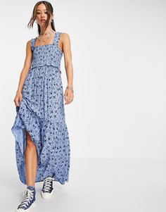 Синее присборенное платье мидакси с цветочным принтом Topshop-Голубой