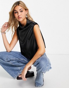 Черный атласный топ со свободным воротом и завязками по бокам Topshop-Черный цвет
