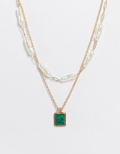 Золотистое многоярусное ожерелье-чокер с зеленым камнем и искусственным жемчугом Topshop-Зеленый цвет