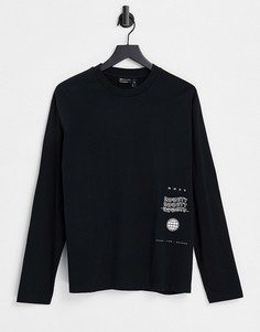 Черный свободный лонгслив из органического хлопка с текстовым принтом ASOS DESIGN-Черный цвет