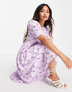 Платье миди с присборенной юбкой, цветочным принтом и завязкой спереди Lost Ink-Фиолетовый цвет