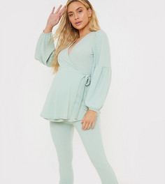 Зеленый топ на запахе с принтом в клетку и объемными рукавами In The Style Maternity x Brooke Vincent