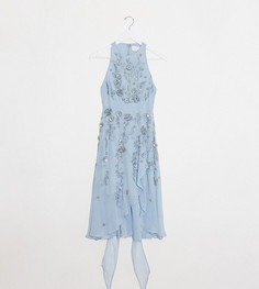 Голубое платье миди с изысканный отделкой в виде объемных 3D цветов с запахом на талии и многослойной юбкой ASOS DESIGN Petite-Голубой