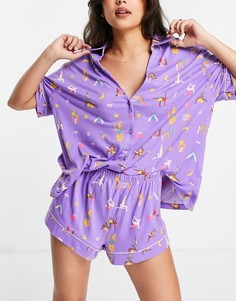 Пижамный комплект с шортами сиреневого цвета с принтом на тему йоги Wellness Project x Chelsea Peers-Фиолетовый