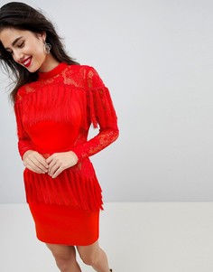 Платье мини с длинными рукавами и кружевными вставками ASOS-Красный