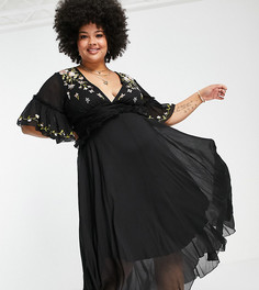 Платье миди с расклешенными рукавами, сборками на талии и цветочной вышивкой ASOS DESIGN Curve-Черный цвет