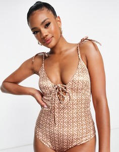 Слитный купальник со шнуровкой и мозаичным принтом ASOS DESIGN-Multi