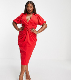 Платье-рубашка миди красного цвета с декоративным узлом и запахом ASOS DESIGN Curve-Красный