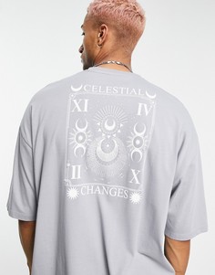 Серая футболка в стиле oversized с мистическим принтом на спинке ASOS DESIGN-Серый