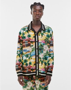 Зеленая рубашка с длинными рукавами и принтом от комплекта Bershka-Зеленый цвет