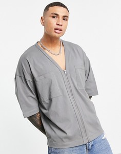 Oversized-рубашка из черного выбеленного трикотажа с укороченными рукавами и двумя карманами ASOS DESIGN-Черный цвет