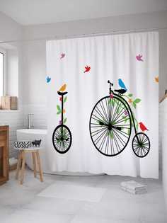 Штора для ванной JoyArty "Необычные велосипеды" из сатена, 180х200 см с крючками
