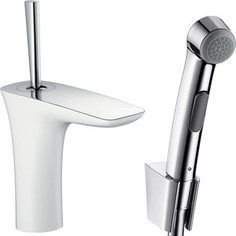 Смеситель для раковины Hansgrohe PuraVida с гигиеническим душем и донным клапаном Push-Open, белый/хром (15275400)