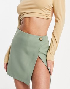 Шалфейно-зеленая юбка мини с запахом и высоким разрезом ASOS DESIGN-Черный цвет