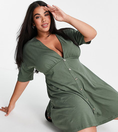 Чайное платье цвета хаки на роговых пуговицах ASOS DESIGN Curve-Зеленый цвет