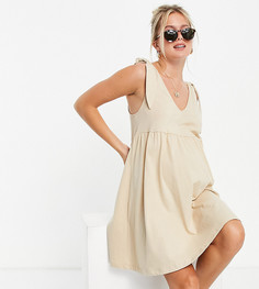 Платье мини песочного цвета с присборенной юбкой и завязками на плечах ASOS DESIGN Maternity-Коричневый цвет