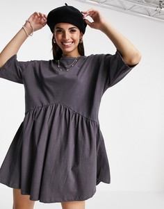 Серое платье мини в стиле oversized с присборенной юбкой и заниженной талией ASOS DESIGN-Серый