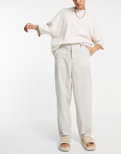 Суженные книзу oversized-брюки в полоску с отделкой под лен ASOS DESIGN-Светло-бежевый цвет