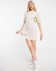 Платье мини цвета слоновой кости с высоким воротом и объемными рукавами Miss Selfridge-Белый