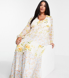 Платье макси из мягкой летящей ткани с комбинированным цветочным принтом ASOS DESIGN Curve-Разноцветный