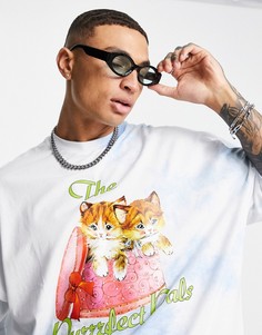 Голубая выбеленная oversized-футболка с принтом в виде котят ASOS DESIGN-Голубой