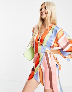 Платье мини с запахов в полоску в стиле 70-х ASOS DESIGN-Разноцветный