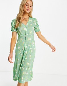 Зеленое чайное платье миди с цветочным принтом French Connection-Зеленый цвет