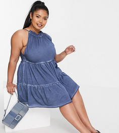 Синее ярусное платье мини с эффектом кислотной стирки и сборками ASOS DESIGN Curve-Голубой