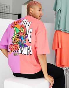 Oversized-футболка с комбинированным принтом в виде цветка и надписью на спине ASOS DESIGN-Разноцветный