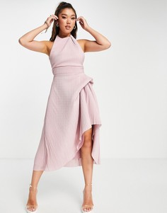 Розовое плиссированное платье миди на выпускной с высоким воротом ASOS DESIGN-Розовый цвет