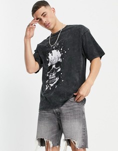 Серая выбеленная футболка в стиле oversized с принтом черепа на спине Jack & Jones Originals-Серый