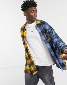 Фланелевая рубашка в стиле super oversized с начесом и с пересекающимся узором в голубую и оранжевую клетку ASOS DESIGN-Синий