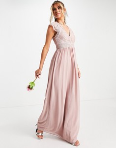 Серое платье макси с кружевной отделкой, запахом и присборенной юбкой TFNC Bridesmaid-Розовый цвет