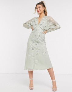 Платье миди с рукавами "летучая мышь" и цветочной вышивкой ASOS DESIGN-Зеленый цвет