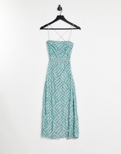 Платье-карандаш миди цвета воды с отделкой пайетками и шнуровкой на спине ASOS DESIGN-Голубой