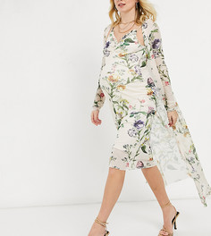 Комплект в стиле 90-х из платья-комбинациии и легкой накидки-кардигана бледно-шалфейного цвета с цветочным принтом Hope & Ivy Maternity-Зеленый